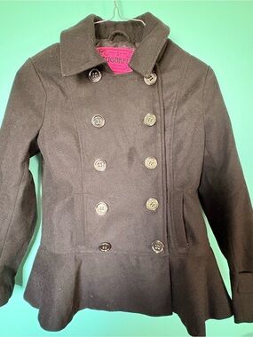 Sugarfly Black Double-Breasted Peplum Pea Coat